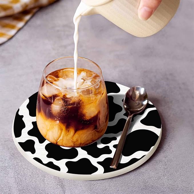Milch Cow Skin Texture Coasters Set for Wood Table Black White Spot Monochrome Tabletop Protection Mat for Mugs and Cups 4 Inch for Kitchen Office Home