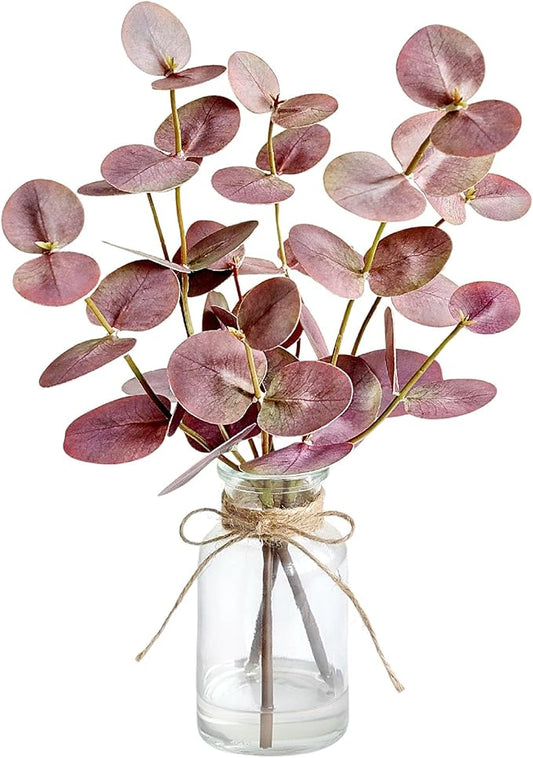 Artificial Eucalyptus Stems in Glass Vase with Faux Water,3Pcs Fake Plant with Double-Sided Purple Leaves for Centerpiece(Double-Sided Purple Eucalyptus)