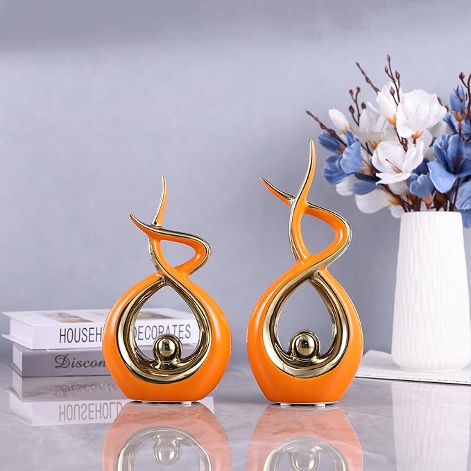 Gold Orange Modern Sculpture Table Decorations, Ceramic Knick Knacks Statues for Living Room Decor, Tv Stand and Desk Decor, Suitable for Coffee Tables and Shelf Decorations, Great Gift Idea