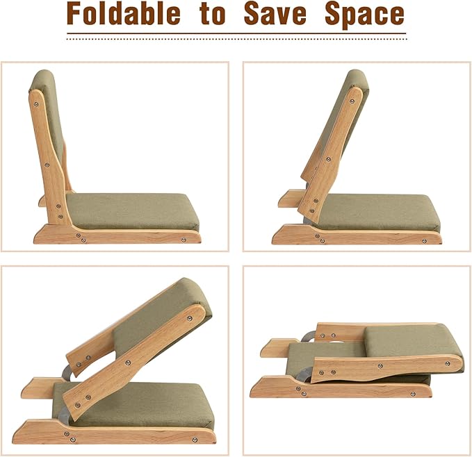 HollyHOME Foldable Japanese Style Floor Chair with Back Support, Tatami Chair with Cushion, Meditation Seat for Bay Window, Living Room, Bedroom, Dark Grey