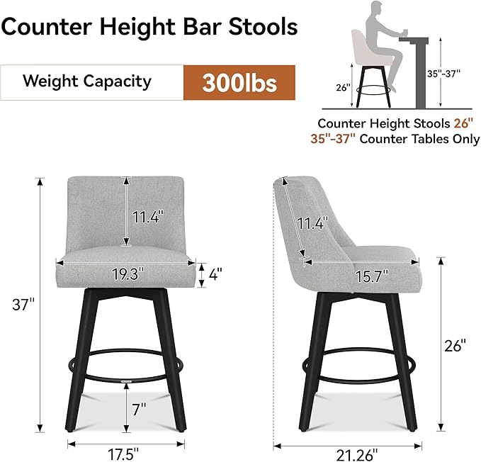 Counter Height Bar Stools Set of 2, Modern Swivel Barstools with Back and Wood Legs, Linen Fabric Upholstered Counter Height Stools, 26" H Kitchen Island Stools, Home Bar, Light Grey