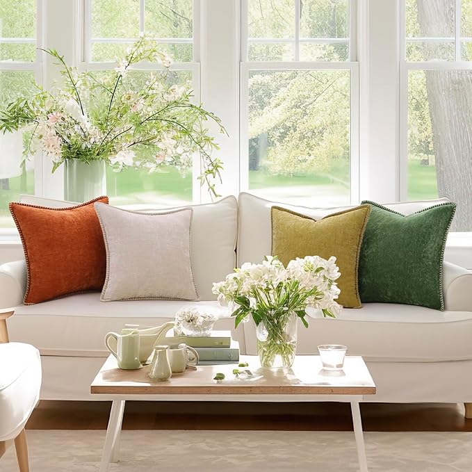 decorUhome Chenille Soft Throw Pillow Covers 22x22 Set of 2, Farmhouse Velvet Neutral Decorative Euro Pillow Covers with Stitched Edge for Couch Sofa Bed Home Decor, Beige