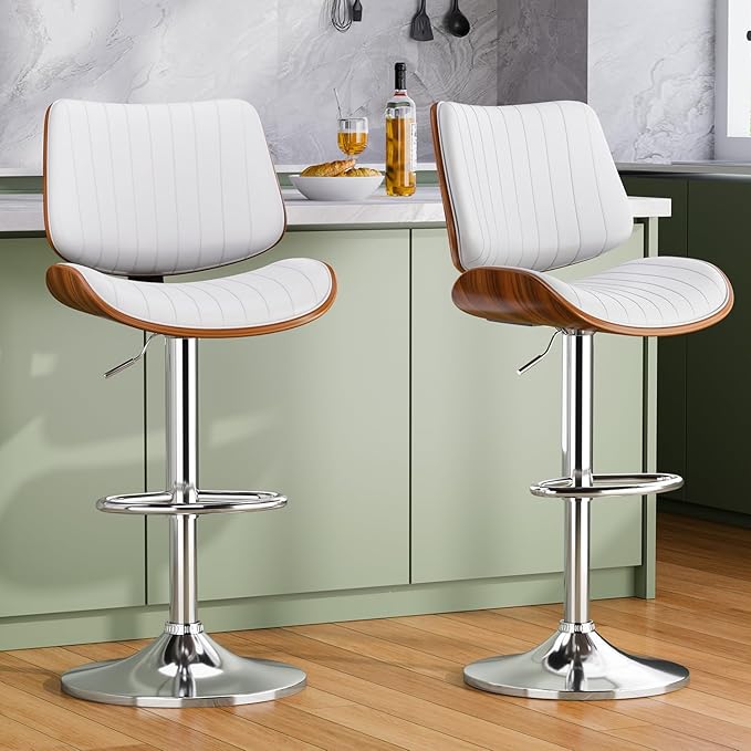 Swivel Bar Stools Set of 2, Adjustable Bentwood Barstools for Kitchen Counter, Modern PU Leather Upholstered Bar Chair with Back and Footrest, for Kitchen Island, Bar, Dining Room, Cafe, White