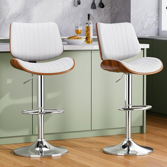 Swivel Bar Stools Set of 2, Adjustable Bentwood Barstools for Kitchen Counter, Modern PU Leather Upholstered Bar Chair with Back and Footrest, for Kitchen Island, Bar, Dining Room, Cafe, White