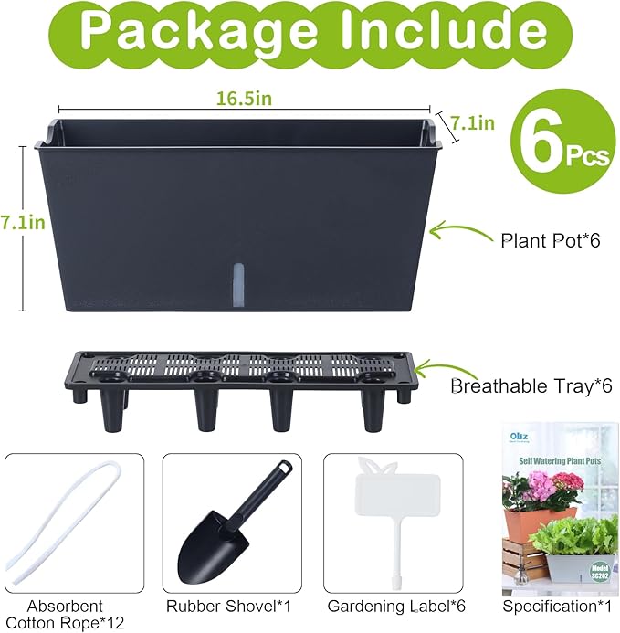 Window Box Planter 6 Pcs, 16.5 Inches Self Watering Rectangle Flower Plant Pots with Drainage Holes Trays, Vegetable Planters for Windowsill Patio Garden Balcony Porch Yard (Black)