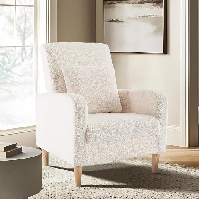 COLAMY Sherpa Upholstered Accent Chair Armchair with Pillow, Fabric Reading Living Room Side Chair,Single Sofa with Lounge Seat and Wood Legs, Cream