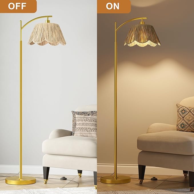 Oneach Arc Floor Lamp for Living Room,Rattan Boho Floor Lamp with Hand-Woven Shade, Foot Switch,Gold Metal Base & Pole,Farmhouse Standing Lamp for Bedroom Corner,Reading