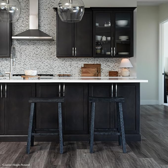 Maven Lane Kitchen Bar Stool, Modern Farmhouse Wood Barstool, Kitchen Island Chairs, Pub Bar Height Stools for Kitchen, Wide Comfortable Seat Backless Bar Stools, Vincent 31 Inch, Antiqued Black