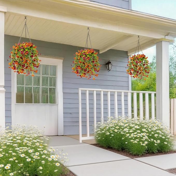 Artificial Flowers for Outdoors Decoration, 2 Pcs Outdoor Faux Plants Daisy with Eucalyptus Leaves Fall UV Resistant Fake Flowers Hanging Planters for Front Porch Patio Yard Door Garden Home Decor