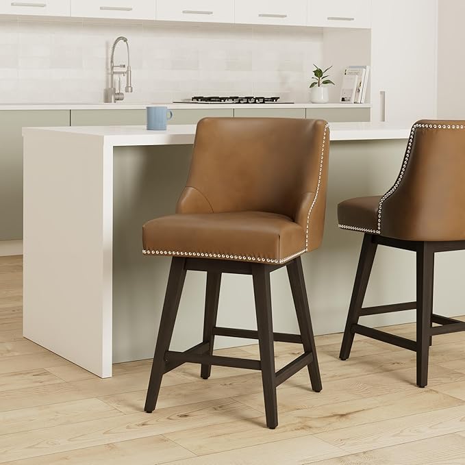 CHITA Counter Height Swivel Bar Stools Set of 2, FSC Certified Upholstered Counter Stools, Modern Swivel Barstools with Wood Legs for Kitchen Island, 26" Seat Height, Faux Leather in Saddle Brown