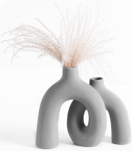 Ceramic Hug Vase (Soft Gray) Modern Donut Style Hugging Vases for Flowers Minimalist Decor – Hollow Ceramic Waterproof Home Decor Vases for Living Room, Bed Room, Book Shelf, Entryway Table.
