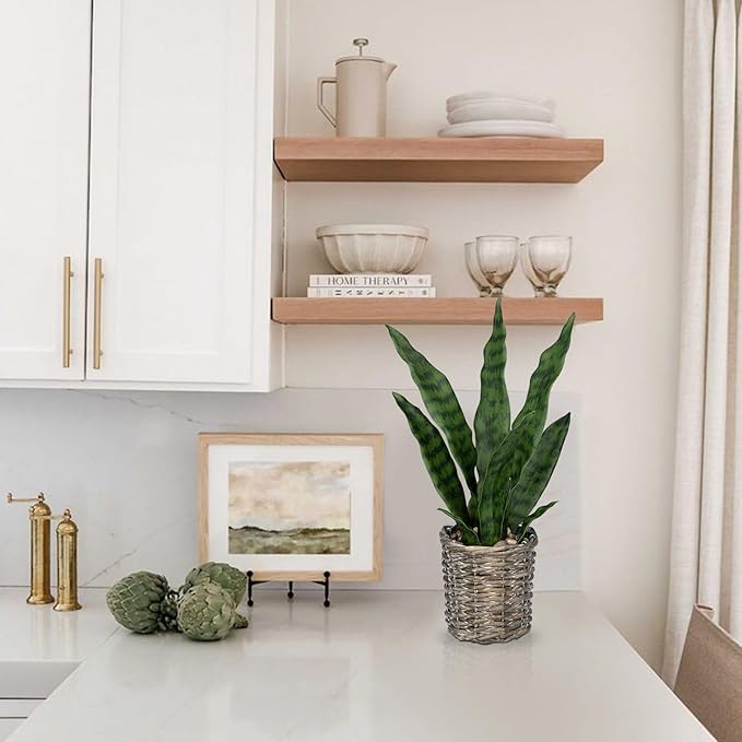 DILATATA Artificial Snake Plant 15 Inch Fake Sansevieria with Woven Basket Pot, Fake Mother in Law Plants Faux Potted Plant Greenery for Home Office Decor Indoor - Green