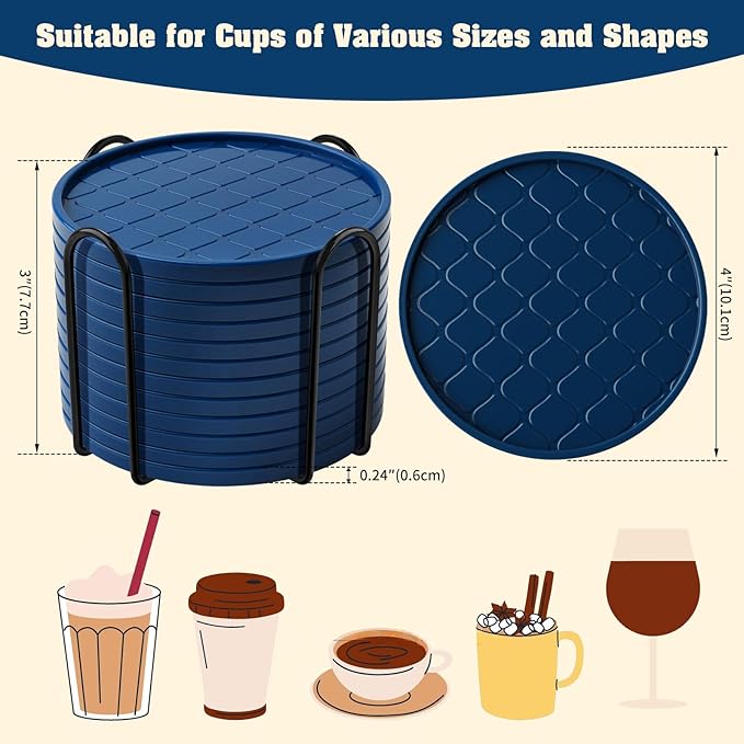 Coasters,Drink Coasters Set of 8 with Holder (Navy Blue, 12pcs)