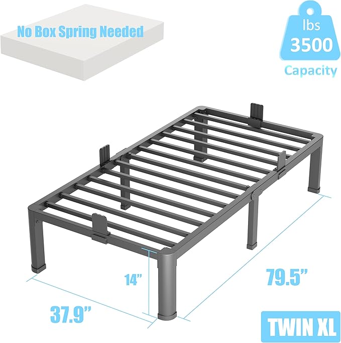 FUIOBYVV Twin XL Bed Frames with Round Corner Edge Legs 14 inch High 3500 lbs Heavy Duty Metal Platform Bed Frame Twin Size No Box Spring Needed/Non-Slip/Steel Slat Support/Noise Free