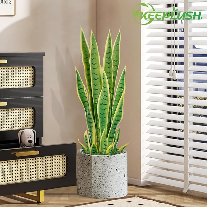 Artificial Snake Plant – 28in Faux Sansevieria Plants, Fake Floor Plant for Indoor Outdoor, Front Porch Patio Home Office Decor, Mother-in-Law’s Tongue, Yellow 1Pcs
