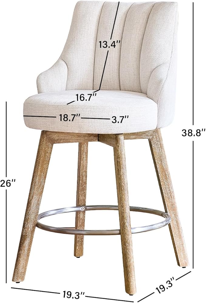IWOOD Counter Height Bar Stools,Swivel Bar Stools with Backs,Barstools Set of 2,26'' Solid Wood Legs,Thick Seat Upholstered Linen Fabric Counter Height Stools in Beige