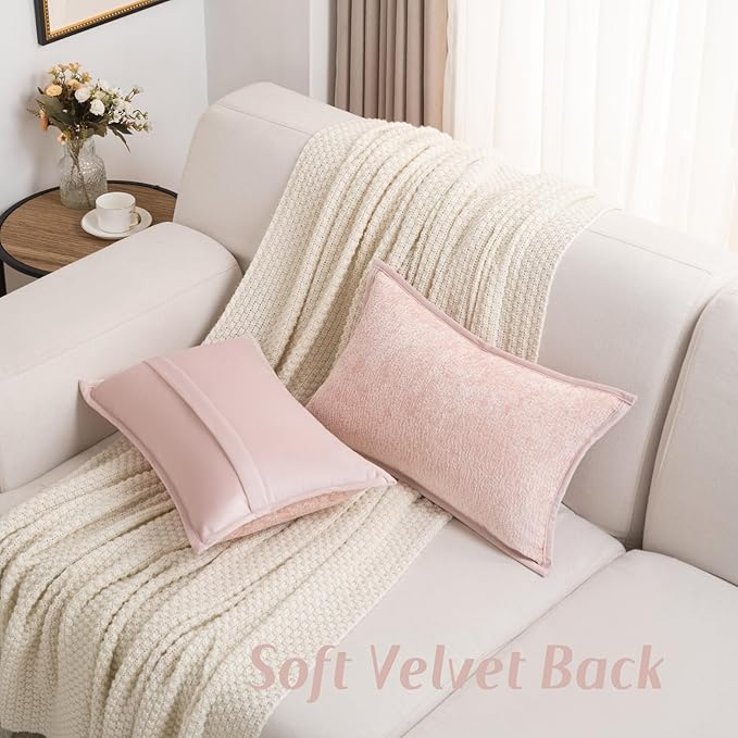 FUTEI Pink Chenille Throw Pillow Covers 12x20 Inch Set of 2,Soft Cozy Bound Edge Design Lumbar Pillow Cases,Home Decor for Couch Bed Living Room