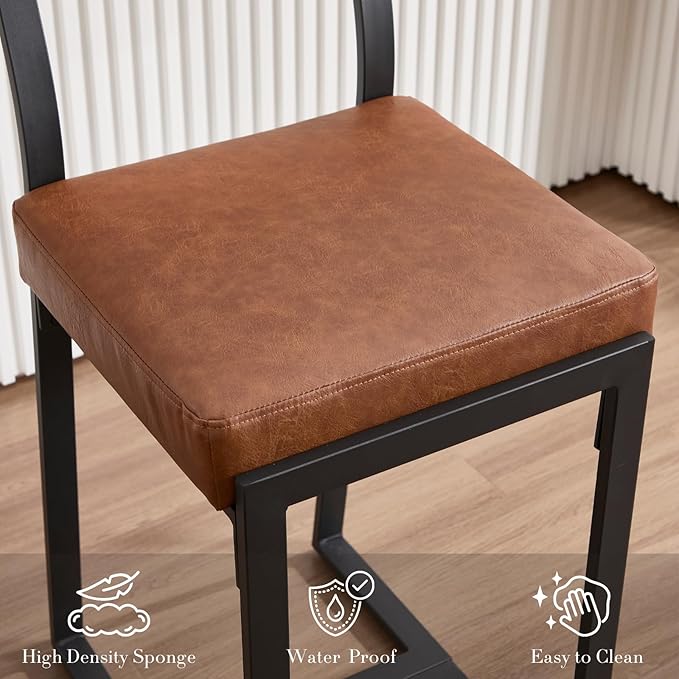 26’’ Modern Bar Stools Set of 4, Upholstered PU Leather Bar Chairs with Backrest Armless Counter Height Stools with Metal Frame for Kitchen Island Dining Room, Brown