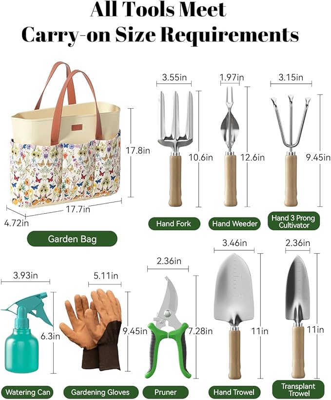 VerdantVibes 9-Piece Garden Tool Set - Heavy Duty Gardening Hand Tools with Ergonomic Non-Slip Grips, Rust-Resistant Shovel, Trowel, Rake, Pruner & Storage Bag - Ideal Gardening Gifts for Women