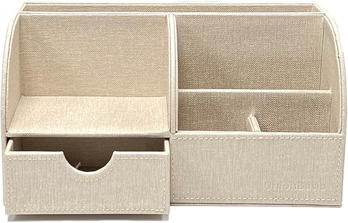 UnionBasic Desk Organizer - Multifunctional Leather Desktop Pen Holder Storage Box - Business Card/Pen/Pencil/Mobile Phone/Stationery Holder, Beige Linen Texture Revised
