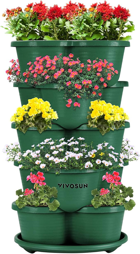 VIVOSUN 5 Tier Vertical Gardening Stackable Planter for Strawberries, Flowers, Herbs, Vegetables, Dark Green