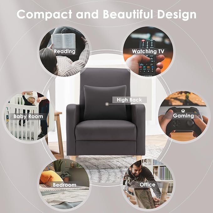 COLAMY Modern Upholstered Accent Chair Armchair with Pillow, PU Leather Reading Living Room Side Chair,Single Sofa with Wood Legs, L-Brown