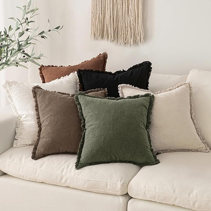 MIULEE Decorative Throw Pillow Covers Neutral Linen Fringe Throw Pillows Euro Shams Set of 2 Cocoa Brown Boho Farmhouse Cushion Covers for Couch Sofa Bed Living Room Spring Home Decor 26x26 Inch
