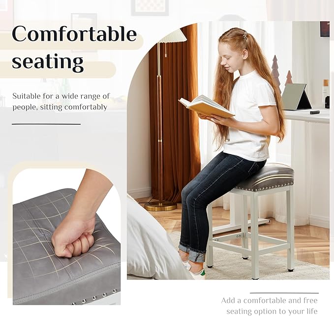 Sweetcrispy 24 inch Bar Stools Set of 2, Upholstered Modern Counter Height Bar Stools for Kitchen Island Modern PU Leather Sadless Stools Chair with Metal Base and Footrest, Grey