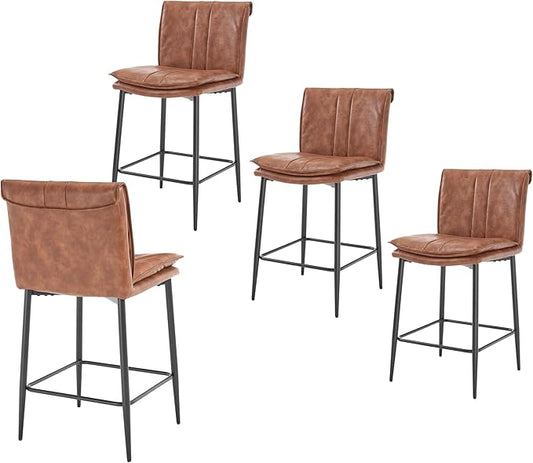 EALSON Leather Counter Height Bar Stools Set of 4 Modern 26 Inch Barstools with Back Upholstered Breakfast Counter Stools with Metal Legs Comfortable Bar Chairs for Kitchen Island, Brown