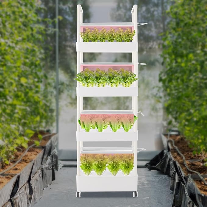 4-Tier Hydroponic Growing Tower Hydroponics Growing System Kit Indoor Outdoor Gardening System with 8.45-Gallon Water Tank & LED Vertical Garden Planter Kits for Homes, Commercial, Botanical Gardens