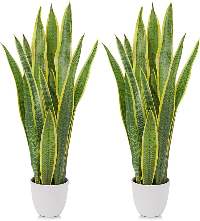 Hollyone 2 Set Artificial Snake Plant Potted, 28 Inch Faux Sansevieria Trifasciata Plants Large Tall Tropical Fake Snake Plant Tree in White Pots for Home Office Room Patio Garden Indoor Outdoor Decor