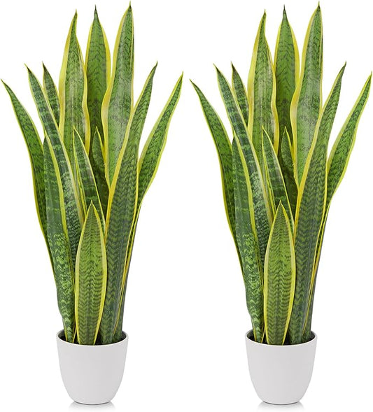 Hollyone 2 Set Artificial Snake Plant Potted, 28 Inch Faux Sansevieria Trifasciata Plants Large Tall Tropical Fake Snake Plant Tree in White Pots for Home Office Room Patio Garden Indoor Outdoor Decor