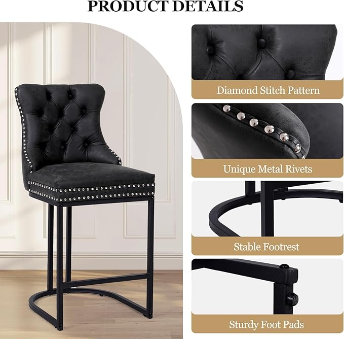 Counter Height Bar Stools Set of 6, 24" Modern Barstools with Back, Faux Leather Upholstery Counter Chairs with Metal Legs for Kitchen Island, Bar, Counter, Black