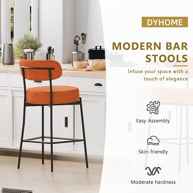DYHOME Bar Stools Set of 3,Burnt Orange 28 Inches Counter Height Bar Stools with Back, Modern Metal Tall Upholstered Barstools for Kitchen Island, Cafe