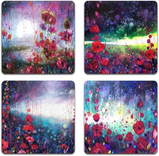 Watercolor Red Flowers Square Coaster Set - Made of Recycled Rubber - Set of 4