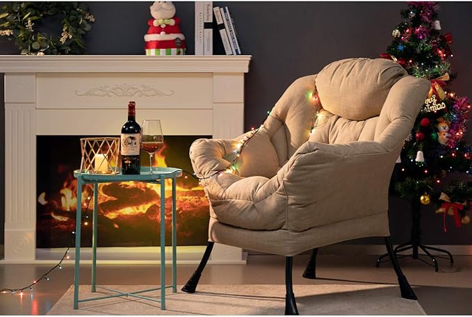 HollyHOME Modern Fabric Large Lazy Chair, Accent Oversized Comfy Reading Chair, Thick Padded Cozy Lounge Chair with Armrest, Leisure Sofa Chair for Living Room, Bedroom, Dorm, Coffee&White