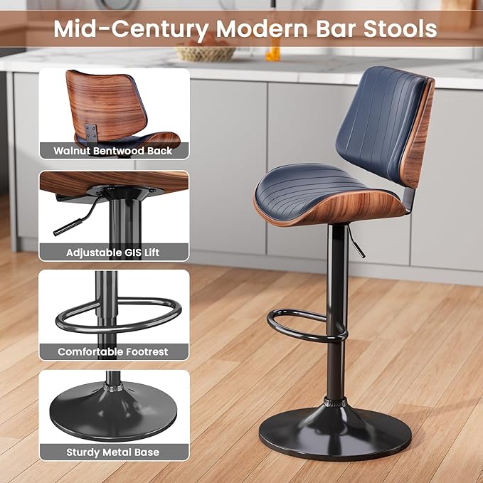 Swivel Bar Stools Set of 3, Adjustable Bentwood Barstools for Kitchen Counter, Modern PU Leather Upholstered Bar Chair with Back and Footrest, for Kitchen Island, Bar, Dining Room, Navy