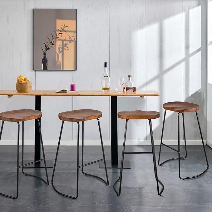 HeuGah Bar Stools Set of 4, Saddle Seat Bar Stools with Metal Legs, Rustic Backless Counter Height Stools, Industrial Counter Stools (Walnut, 30 Inch)