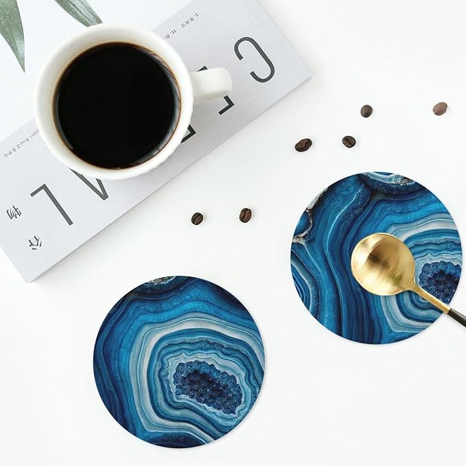 Agate Marble Blue Coasters Set of 6 Coasters for Drinks Absorbent Double-Sided Leather PVC Coaster for Tabletop Protection Coffee Table Decor Ideal for Home Decor House Warming Gifts