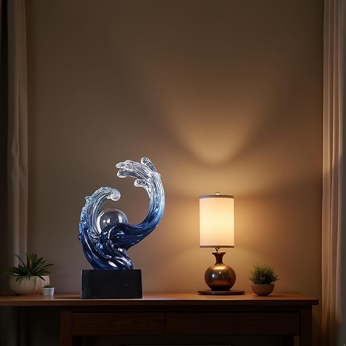 Modern Abstract Decorative Wave Statue, Gold Abstract Art Home Decor,Crystal Ball Art Wave Resin Sculpture, Office Desk Stand, Dining Table Center Decorative Aesthetics (Blue)