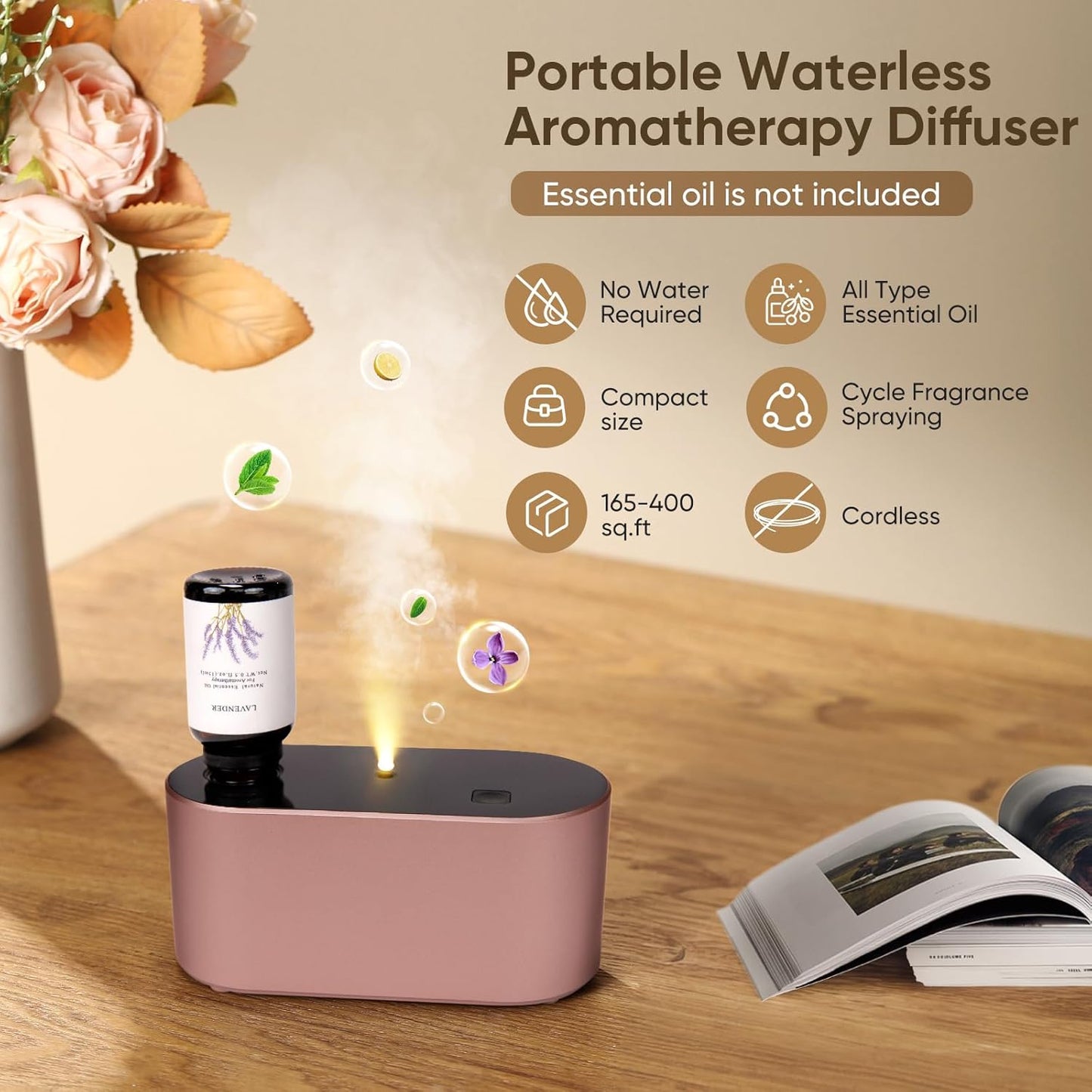 Waterless Diffuser for Home Essential Oil Diffuser, Aromatherapy Diffuser, Portable Scent Diffusers, 3 Mist Modes, Cycle Start for Bedroom, Office Studio 160-350 sq. ft Rose Gold