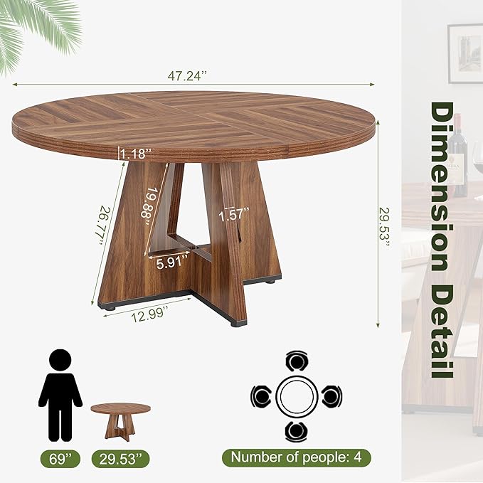 NicBex 47 Inch Round Dining Table, Wooden Dinner Table for 4, Small Farmhouse Kitchen Tables with Cross Base for Dining Room, Kitchen, Living Room, Dark Brown