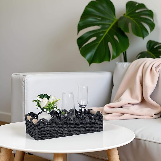 CubesLand Scalloped Edge Decor Basket for Living Room, Home, Bathroom, 2SAME SIZE Paper Rope Baskets, Toilet Storage Baskets for Over Toilet Storage Shelf, Cozy Woven Basket Both Storage&Decor, Black