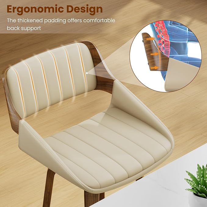 Bar Stools Set of 1, 26" Swivel Counter Height Barstools with Walnut Bentwood Back and Legs, Mid-Century Modern Faux Leather Upholstered Cream Bar Chairs for Kitchen Island, Café, Dining Room, Beige