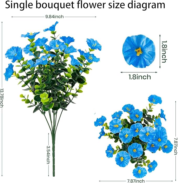 Artificial Outdoor Flowers 16 Bundles Fake Morning Glory Flower Outdoor UV Resistant Plastic Faux Flowers Plants for Decoration Indoor Outdoor Hanging Window Box Planter Home Porch Decor (Blue)