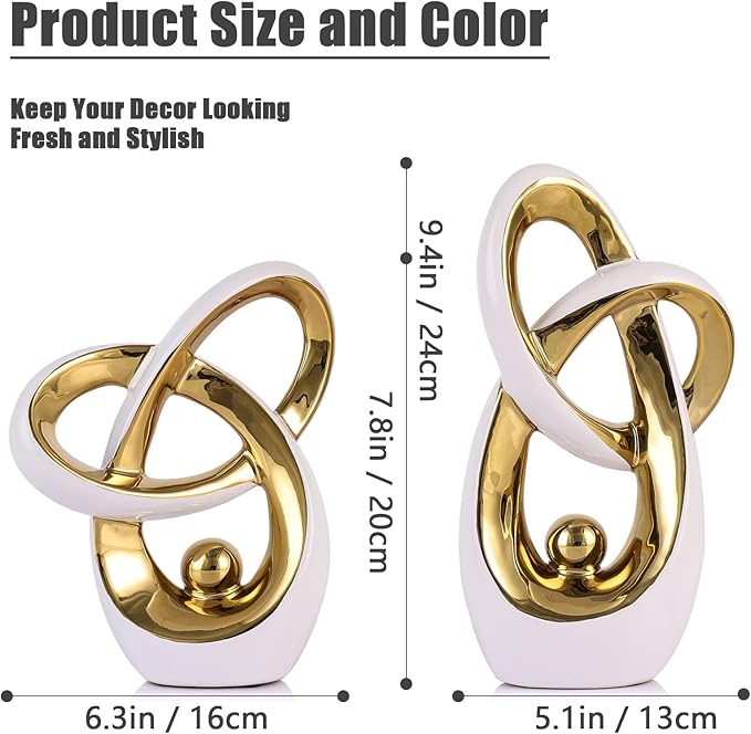 White Gold Modern Abstract Art Home Decor Accent,Statues Coffee Table Decor for Living Room,Table Centerpieces for Dining Room,Ceramic Sculptures and Gold Knick Knacks for TV Stand Decor