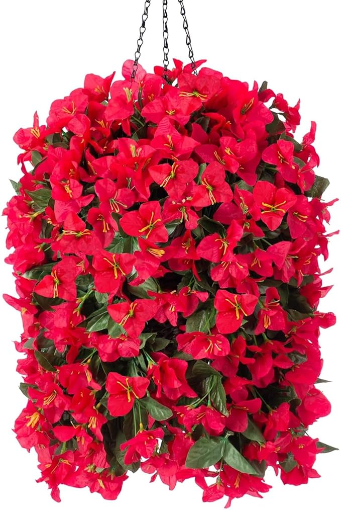 Artificial Bougainvillea Faux Flowers Plants Baskets for Outdoor Outside Summer Decoration, 3 PCS Fake Silk Long Hanging Vines UV Resistant Realistic for Front Door Porch Patio Balcony Yard, Red