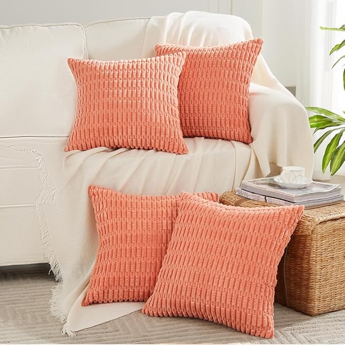 Fancy Homi 4 Packs Boho Coral Decorative Throw Pillow Covers 18x18 Inch for Living Room Couch Bed Sofa, Rustic Modern Farmhouse Home Decor, Soft Plush Corduroy Cute Square Peach Cushion Case 45x45 cm