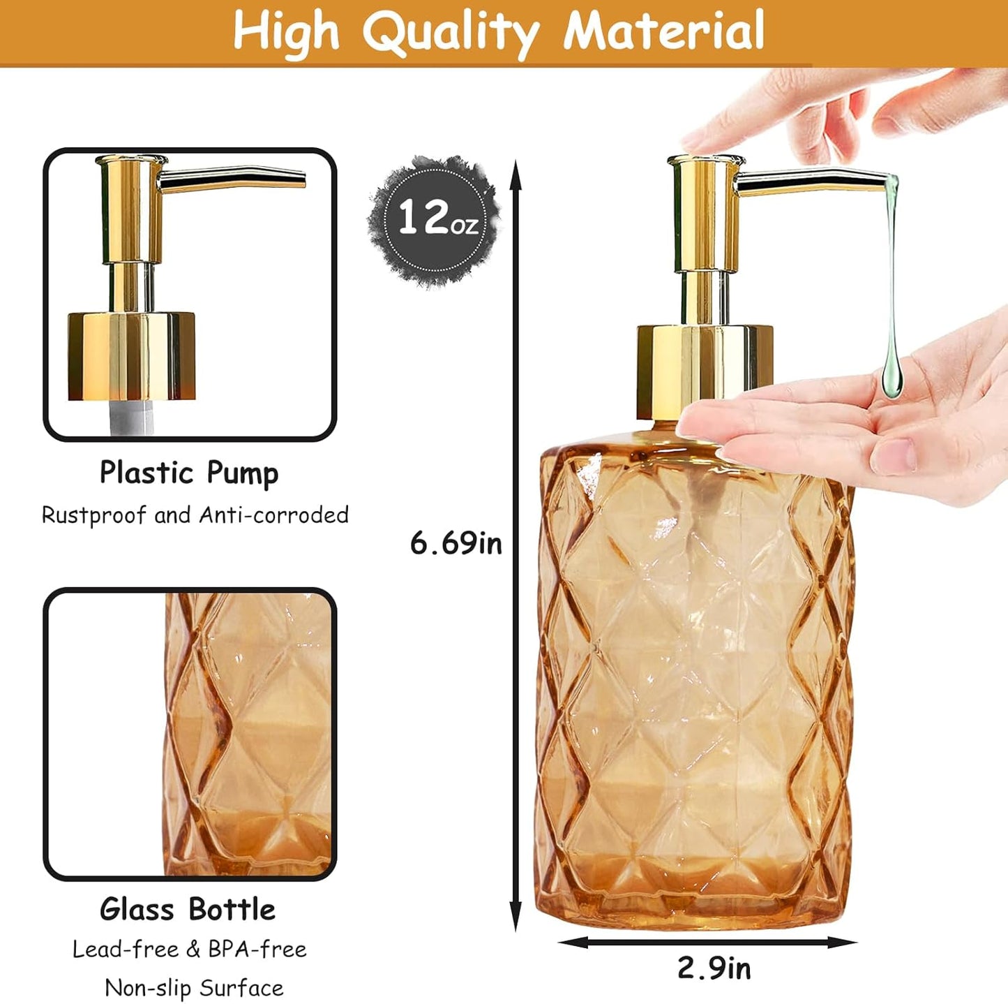 Glass Soap Dispenser with Gold Plastic Pump, 12oz Refillable Liquid Hand Soap Dispenser, 2 Pack Crystal Lotion Bottle for Modern Home Decor, Bathroom, Kitchen Countertop, Hotel(Amber)