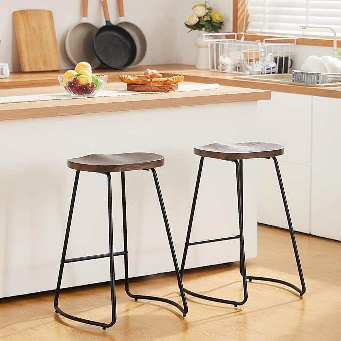 HeuGah Barstools Set of 2, 26" Wood Counter Height Bar Stools, Rustic Backless Bar Stools for Kitchen Island, Bar Chairs with Wood Saddle Seat (Brown, 2 PCS 26Inch Counter Chair)